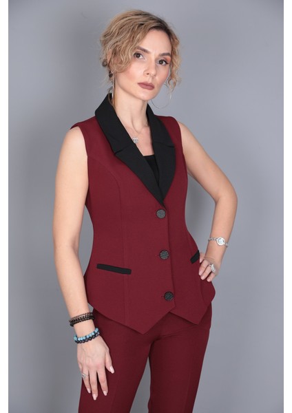 Garnili Yelek & Ön Patlı Klasik Pantolon Takım-Bordo modelleri