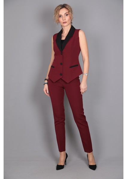 Garnili Yelek & Ön Patlı Klasik Pantolon Takım-Bordo fırsatları