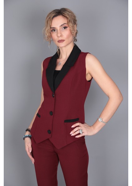 Garnili Yelek & Ön Patlı Klasik Pantolon Takım-Bordo indirimleri