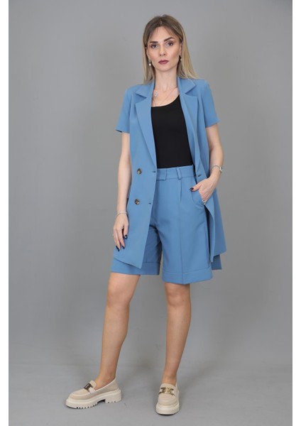 Kuşaklı Kısa Kollu Ceket & Duble Paça Şort-Deniz