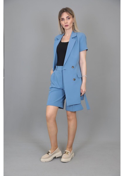 Kuşaklı Kısa Kollu Ceket & Duble Paça Şort-Deniz indirimleri