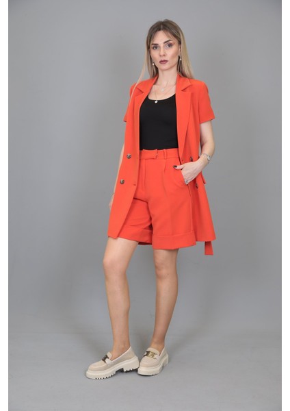 Kuşaklı Kısa Kollu Ceket & Duble Paça Şort-Turuncu fiyatları