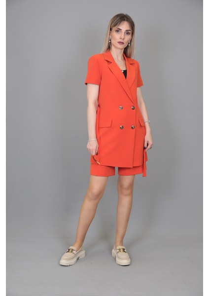 Kuşaklı Kısa Kollu Ceket & Duble Paça Şort-Turuncu modelleri