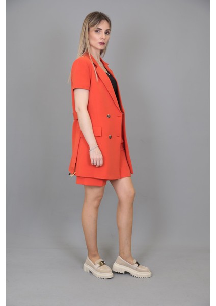 Kuşaklı Kısa Kollu Ceket & Duble Paça Şort-Turuncu fırsatları