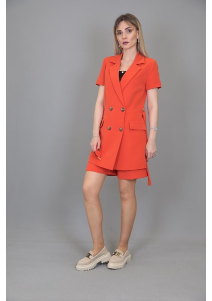 Kuşaklı Kısa Kollu Ceket & Duble Paça Şort-Turuncu indirimleri