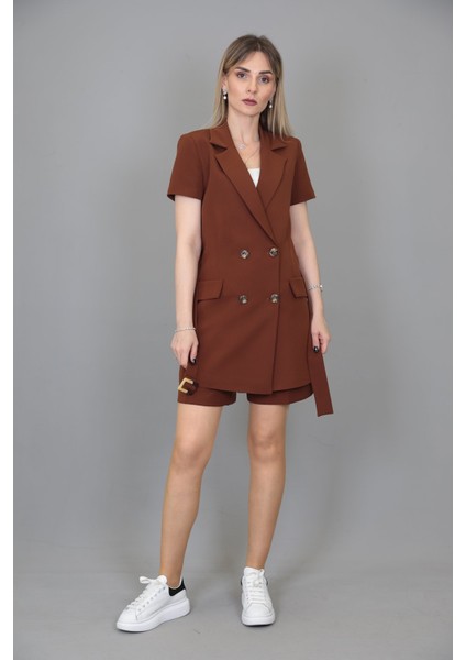 Kuşaklı Kısa Kollu Ceket & Duble Paça Şort-Kestane modelleri