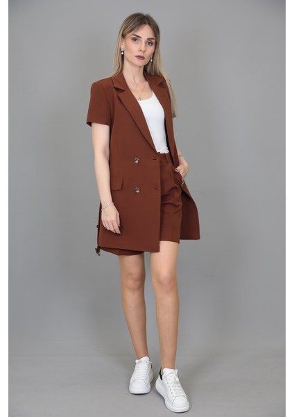Kuşaklı Kısa Kollu Ceket & Duble Paça Şort-Kestane fırsatları