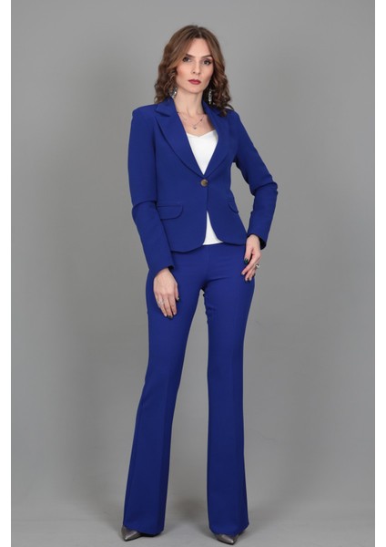 Yakalı Tek Düğmeli Ceket & Ispanyol Paça Pantolon Takım-Saks