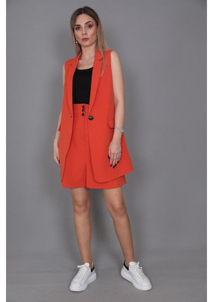Tek Düğmeli Salaş Yelek & Duble Paça Şort-Turuncu
