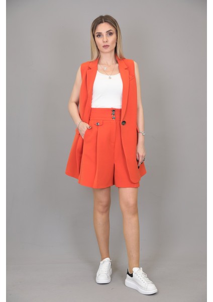 Tek Düğmeli Salaş Yelek & Duble Paça Şort-Turuncu fiyatları