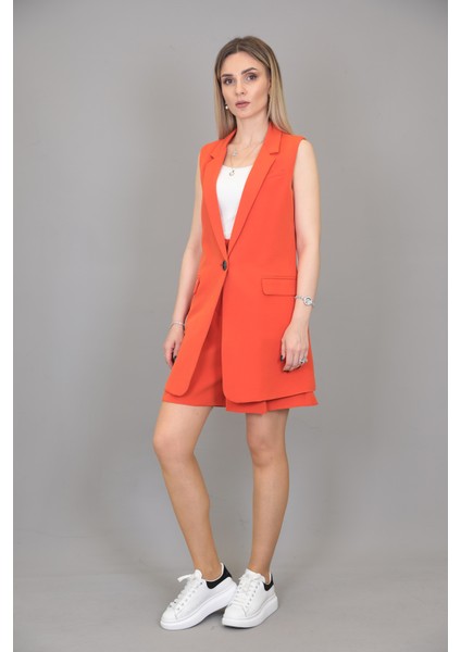 Tek Düğmeli Salaş Yelek & Duble Paça Şort-Turuncu modelleri