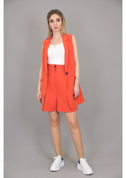 Tek Düğmeli Salaş Yelek & Duble Paça Şort-Turuncu fırsatları
