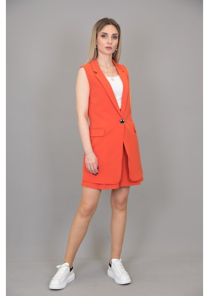 Tek Düğmeli Salaş Yelek & Duble Paça Şort-Turuncu indirimleri
