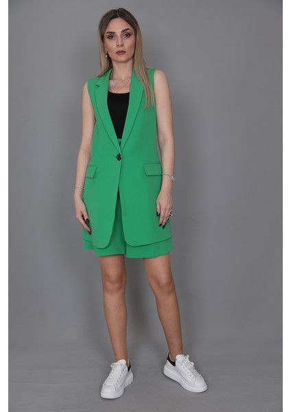 Tek Düğmeli Salaş Yelek & Duble Paça Şort-Yeşil fiyatları