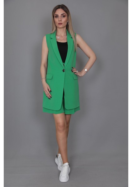 Tek Düğmeli Salaş Yelek & Duble Paça Şort-Yeşil fırsatları