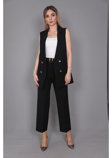 Midi Boy Klasik Yelek & Kısa Bol Paça Pantolon-Siyah