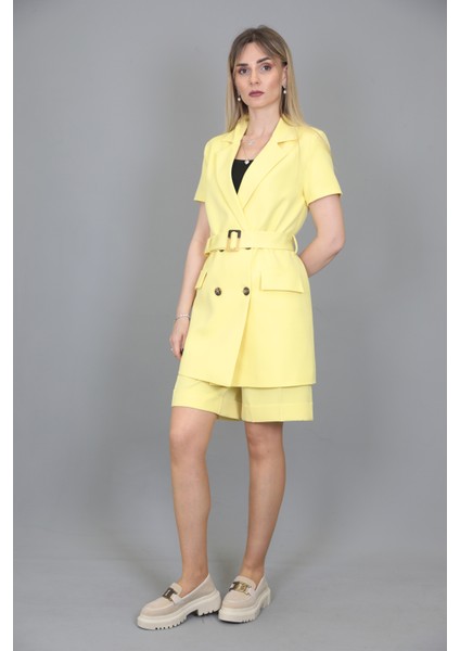 Kuşaklı Kısa Kollu Ceket & Duble Paça Şort-Sarı fiyatları