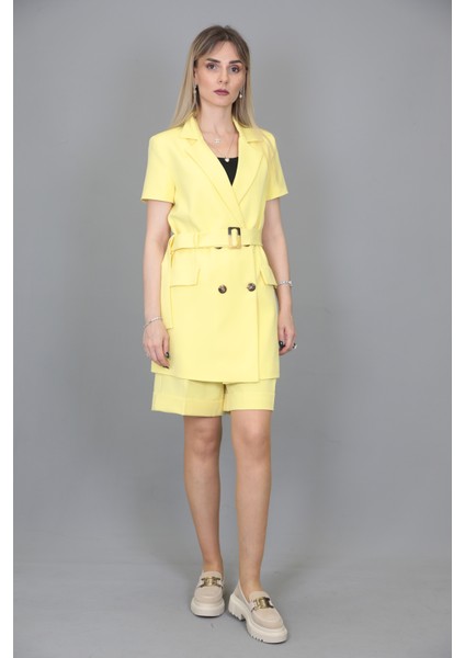 Kuşaklı Kısa Kollu Ceket & Duble Paça Şort-Sarı fırsatları