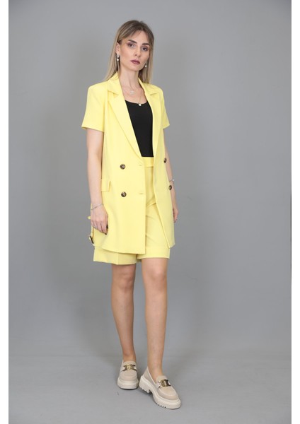 Kuşaklı Kısa Kollu Ceket & Duble Paça Şort-Sarı indirimleri