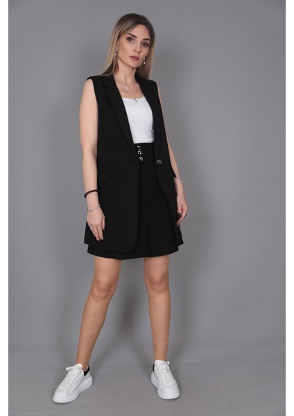 Tek Düğmeli Salaş Yelek & Duble Paça Şort-Siyah