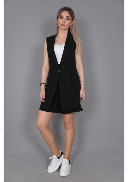 Tek Düğmeli Salaş Yelek & Duble Paça Şort-Siyah fiyatları