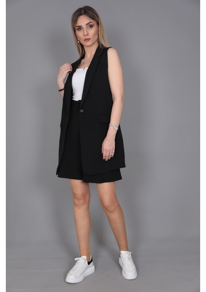 Tek Düğmeli Salaş Yelek & Duble Paça Şort-Siyah modelleri