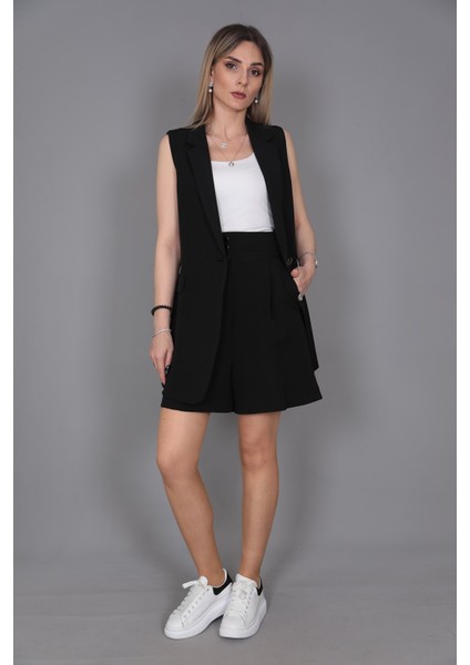 Tek Düğmeli Salaş Yelek & Duble Paça Şort-Siyah fırsatları