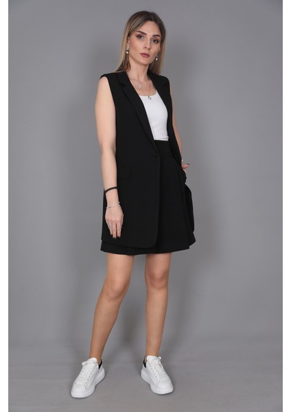 Tek Düğmeli Salaş Yelek & Duble Paça Şort-Siyah indirimleri