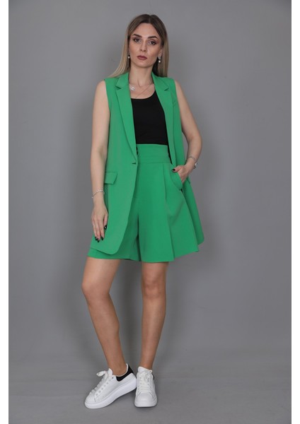 Tek Düğmeli Salaş Yelek & Duble Paça Şort-Yeşil