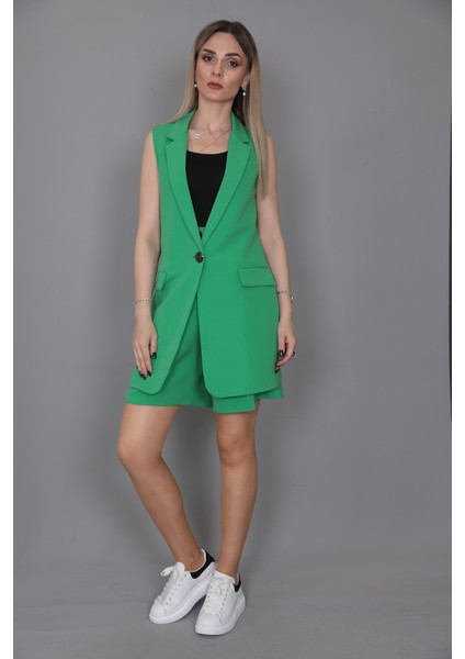 Tek Düğmeli Salaş Yelek & Duble Paça Şort-Yeşil indirimleri