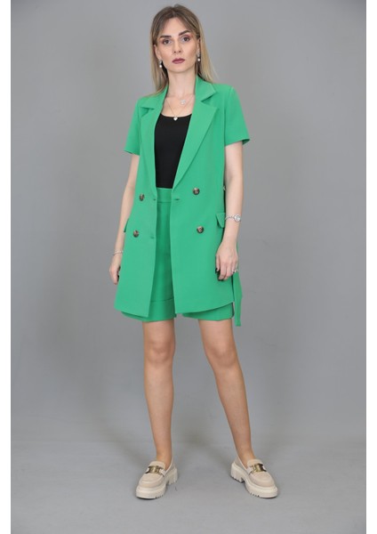 Kuşaklı Kısa Kollu Ceket & Duble Paça Şort-Yeşil