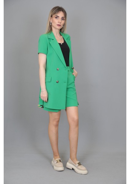 Kuşaklı Kısa Kollu Ceket & Duble Paça Şort-Yeşil fırsatları