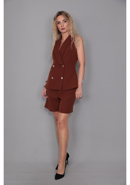 Abiye Yelek & Tokalı Etek Şort-Kestane modelleri