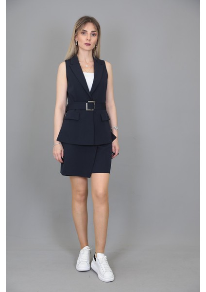 Kemerli Klasik Yelek & Ön Kapklı Etek Şort-Lacivert