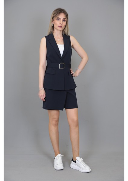 Kemerli Klasik Yelek & Ön Kapklı Etek Şort-Lacivert fiyatları