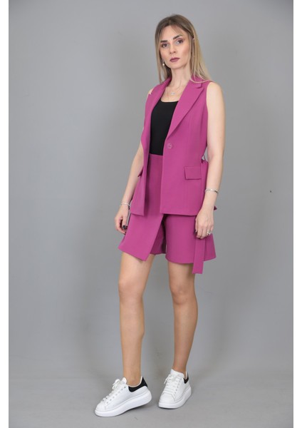 Kemerli Klasik Yelek & Ön Kapklı Etek Şort-Fuşya fiyatları