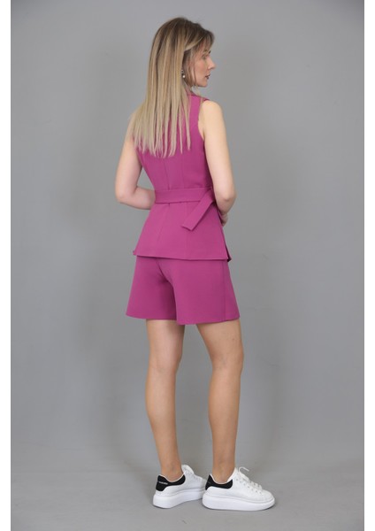 Kemerli Klasik Yelek & Ön Kapklı Etek Şort-Fuşya modelleri