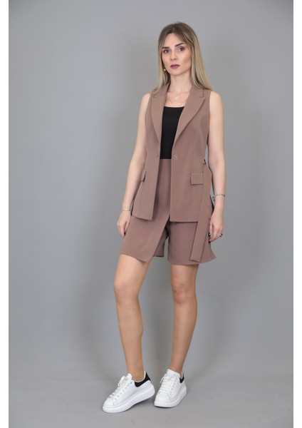 Kemerli Klasik Yelek & Ön Kapklı Etek Şort-Kahve fiyatları