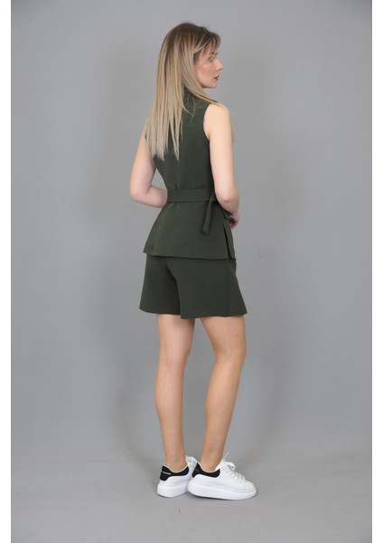 Kemerli Klasik Yelek & Ön Kapklı Etek Şort-Haki indirimleri