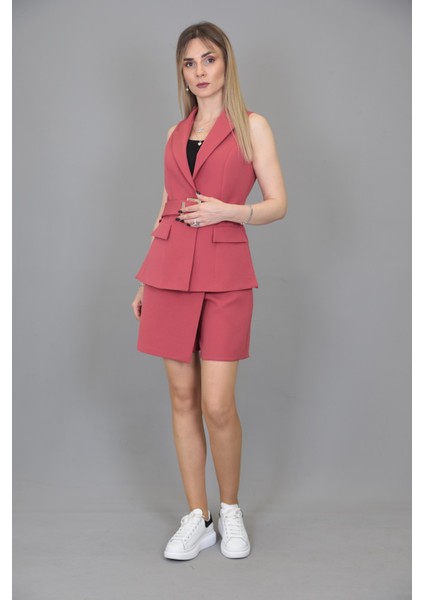 Kemerli Klasik Yelek & Ön Kapklı Etek Şort-Kiremit fiyatları