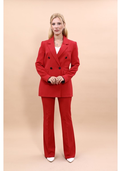 Erkek Yaka Kuruvaze Blazer Ceket & İspanyol Paça Pantolon-Kırmızı fırsatları