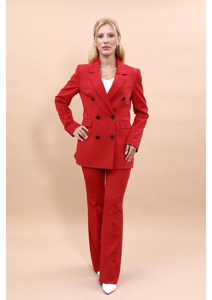 Erkek Yaka Kuruvaze Blazer Ceket & İspanyol Paça Pantolon-Kırmızı indirimleri