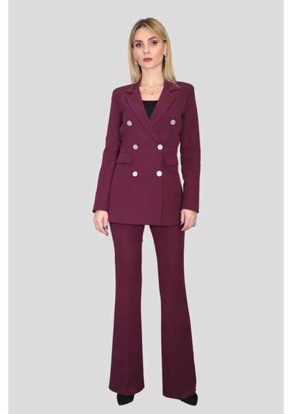 Blazer Ceket & Ispanyol Paça Pantolon Takım-Mürdüm
