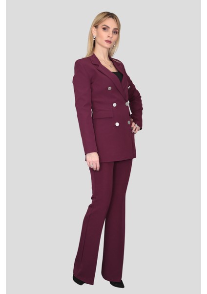 Blazer Ceket & Ispanyol Paça Pantolon Takım-Mürdüm modelleri