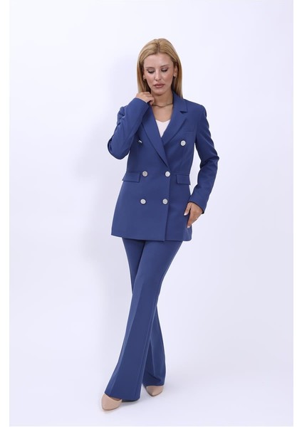 Erkek Yaka Kuruvaze Blazer Ceket & İspanyol Paça Pantolon-İndigo