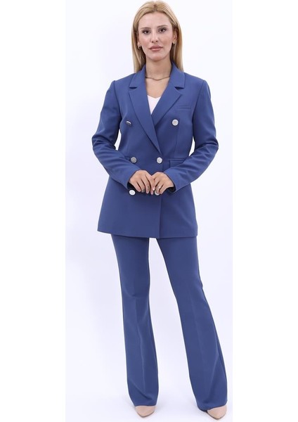 Erkek Yaka Kuruvaze Blazer Ceket & İspanyol Paça Pantolon-İndigo indirimleri