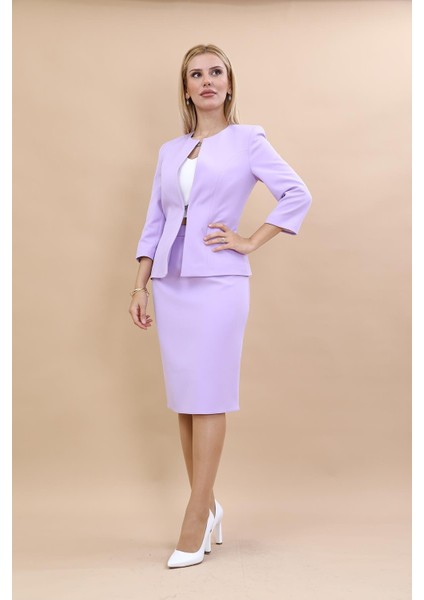 Oval Yaka Kısa Ceket & Kalem Etek Takım-Menekşe