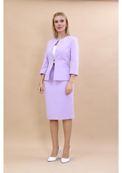Oval Yaka Kısa Ceket & Kalem Etek Takım-Menekşe indirimleri