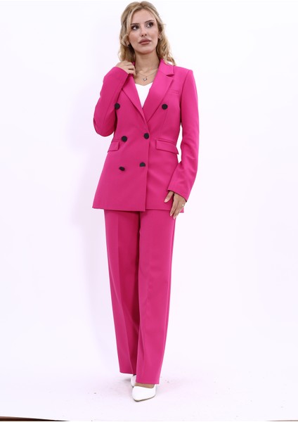 Erkek Yaka Kuruvaze Blazer Ceket & Bol Paça Pantolon-Fuşya