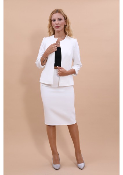 Oval Yaka Kısa Ceket & Kalem Etek Takım-Beyaz